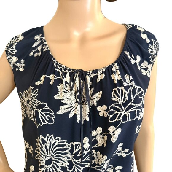 J Crew Womens Navy Floral Silk Midi Dress Size 12 Elastic Waist Scoop Neck - Picture 3 of 14
